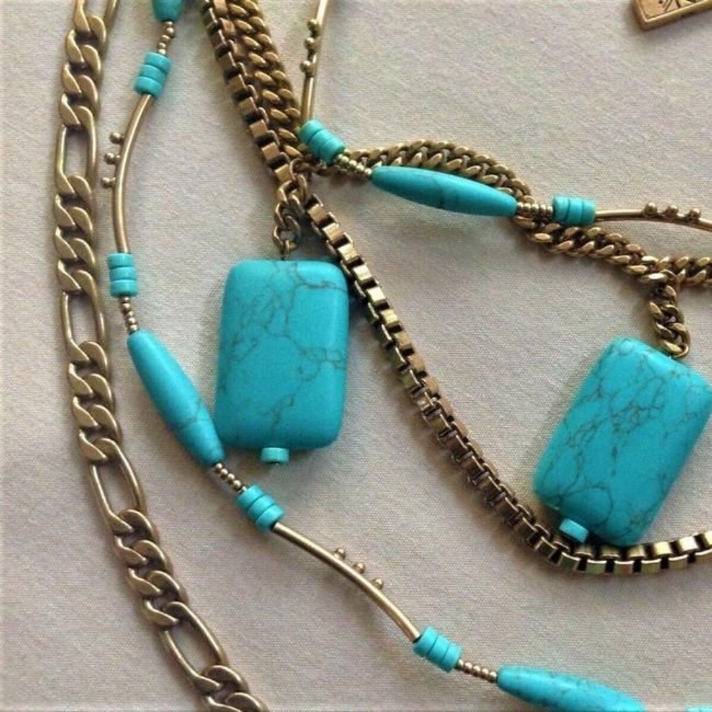 Silpada Turquoise Blue Tablet Beads Brass Chain Link Bid Statement Necklace - Picture 6 of 7
